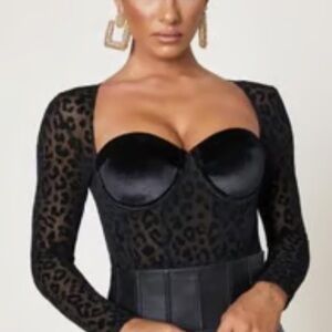 MESHKI Bustier Cheetah Leopard Sheer Velvet Bodysuit Top